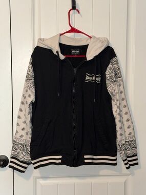 Dogg Supply Black & Cream Hooded Zip Jacket with Bandana Print Sleeves